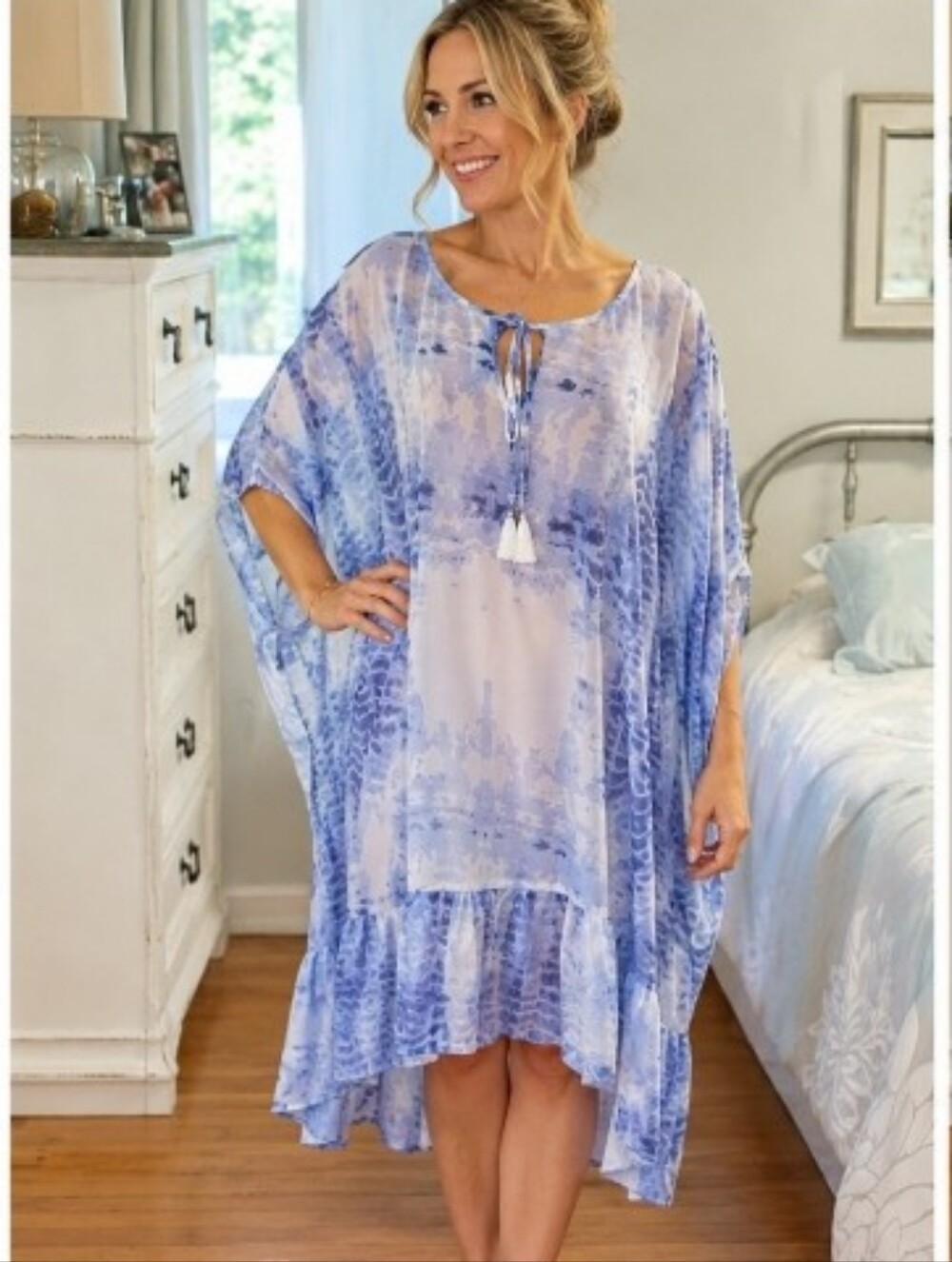 Blue Island Blue Watercolor Tie-Dye Kaftan Cover-Up Resort Dress 2X